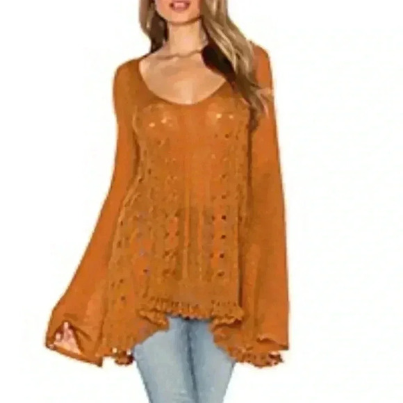 Free People Waterfall Boho Sweater Honey Alpaca Blend V-Neck Sweater Size S - Picture 16 of 16